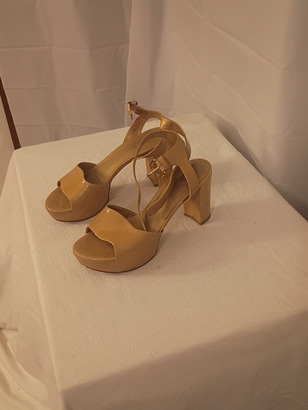Stuart Weitzman Patent Tan Platform Block Heel Sandals